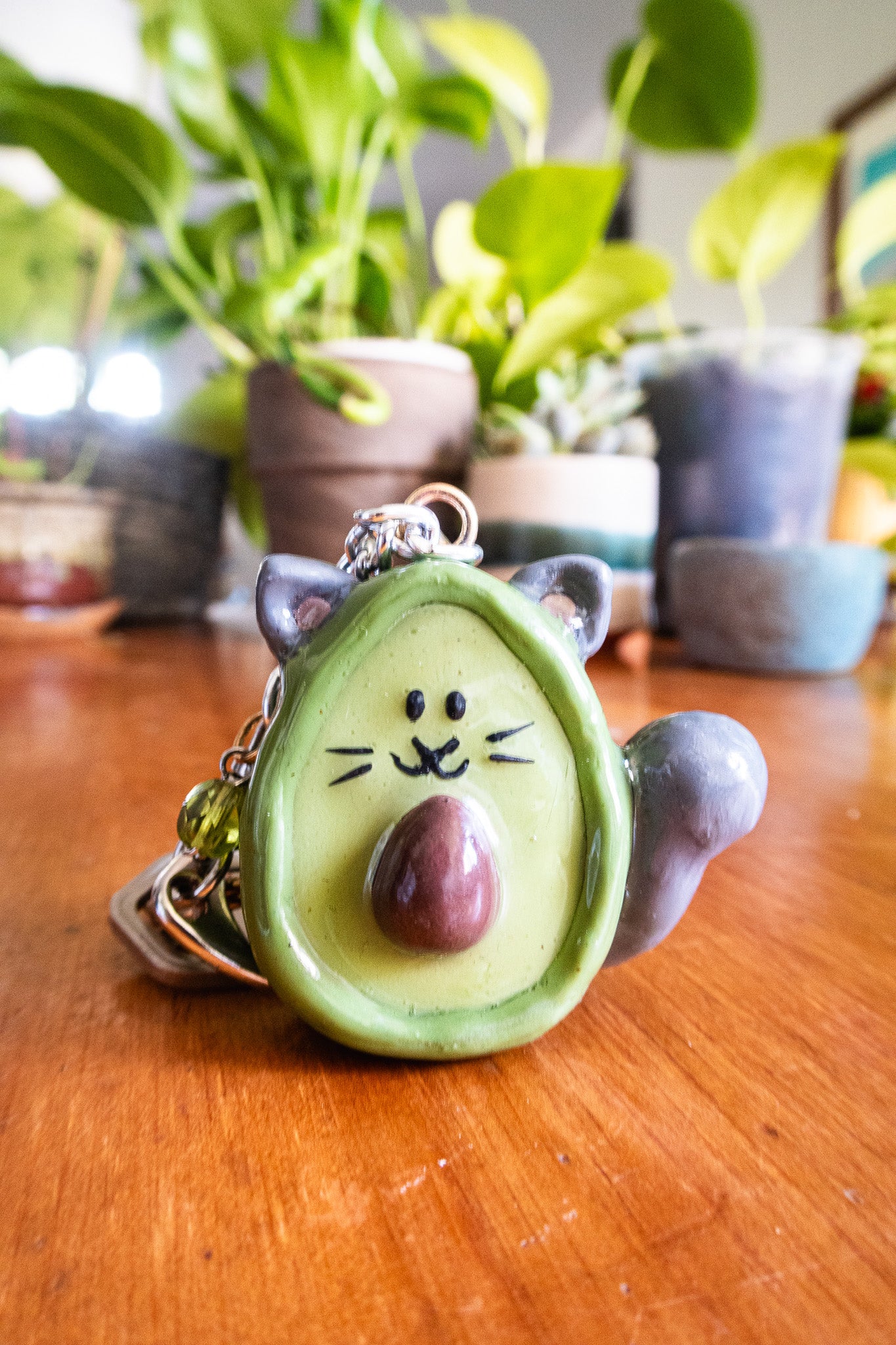 Cat-Avocado-shaped keychain with a face on a wooden surface with plants in the background